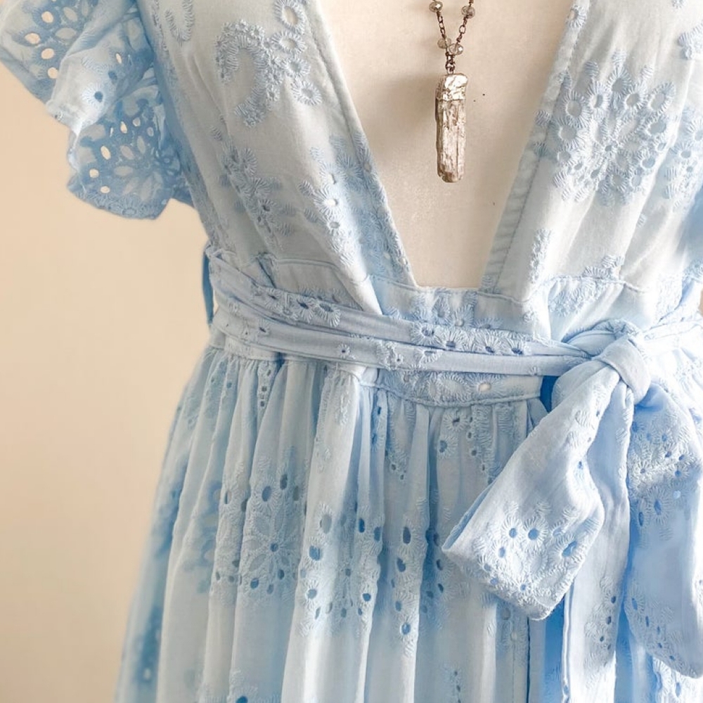 MALIBU BUM Sexy Light Blue Embroidered Eyelet Maxi Dress - Picture 7 of 10